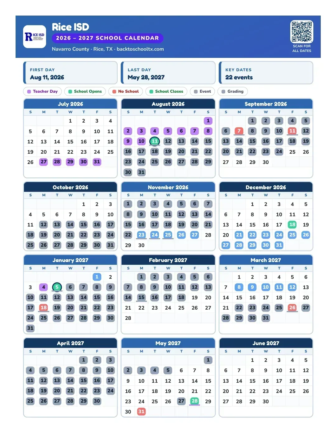 Rice ISD Calendar for the Year 26-27