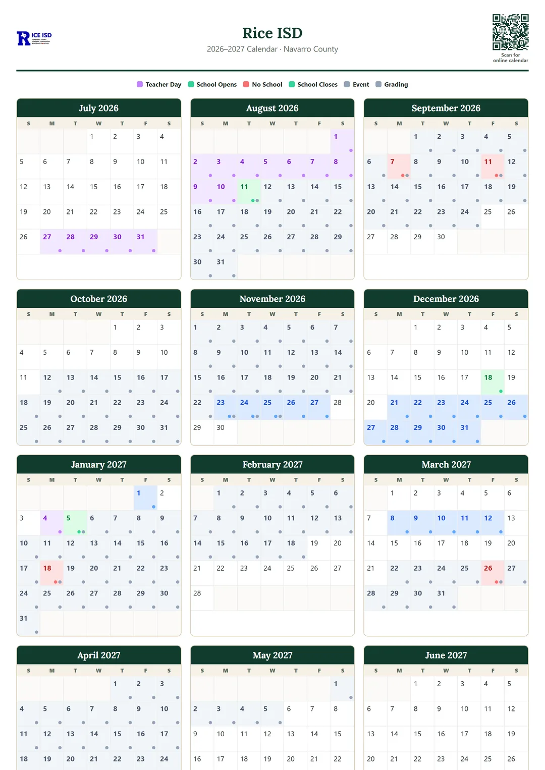Rice ISD printable 2026–2027 calendar