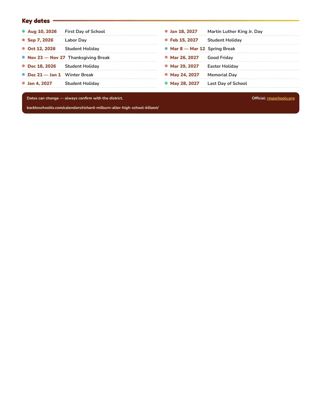 Richard Milburn Alter High School (killeen) Calendar for the Year 26-27 — key dates