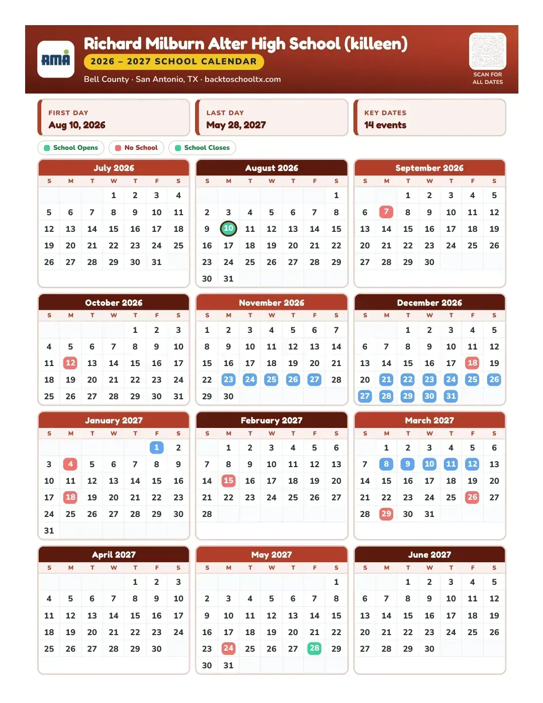 Richard Milburn Alter High School (killeen) Calendar for the Year 26-27