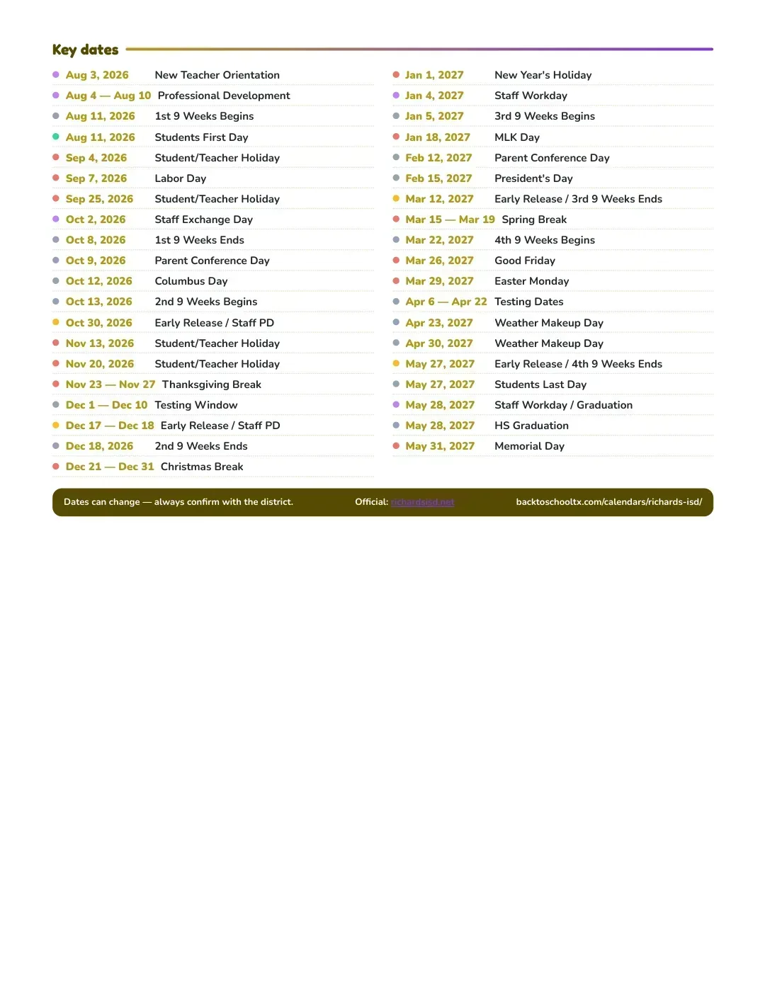 Richards ISD Calendar for the Year 26-27 — key dates
