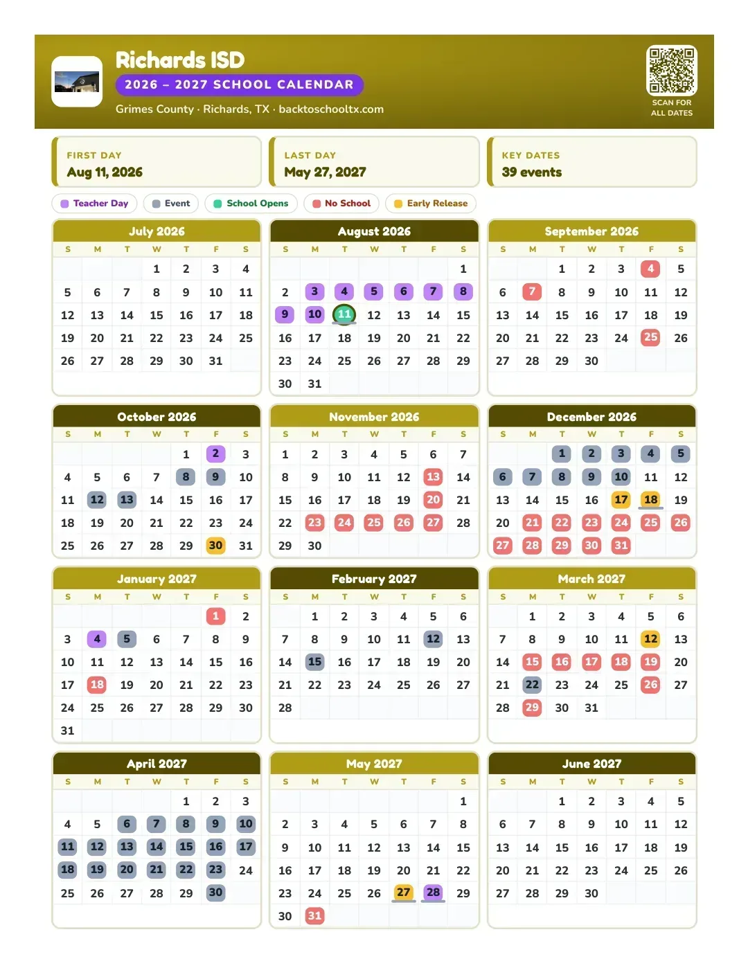 Richards ISD Calendar for the Year 26-27