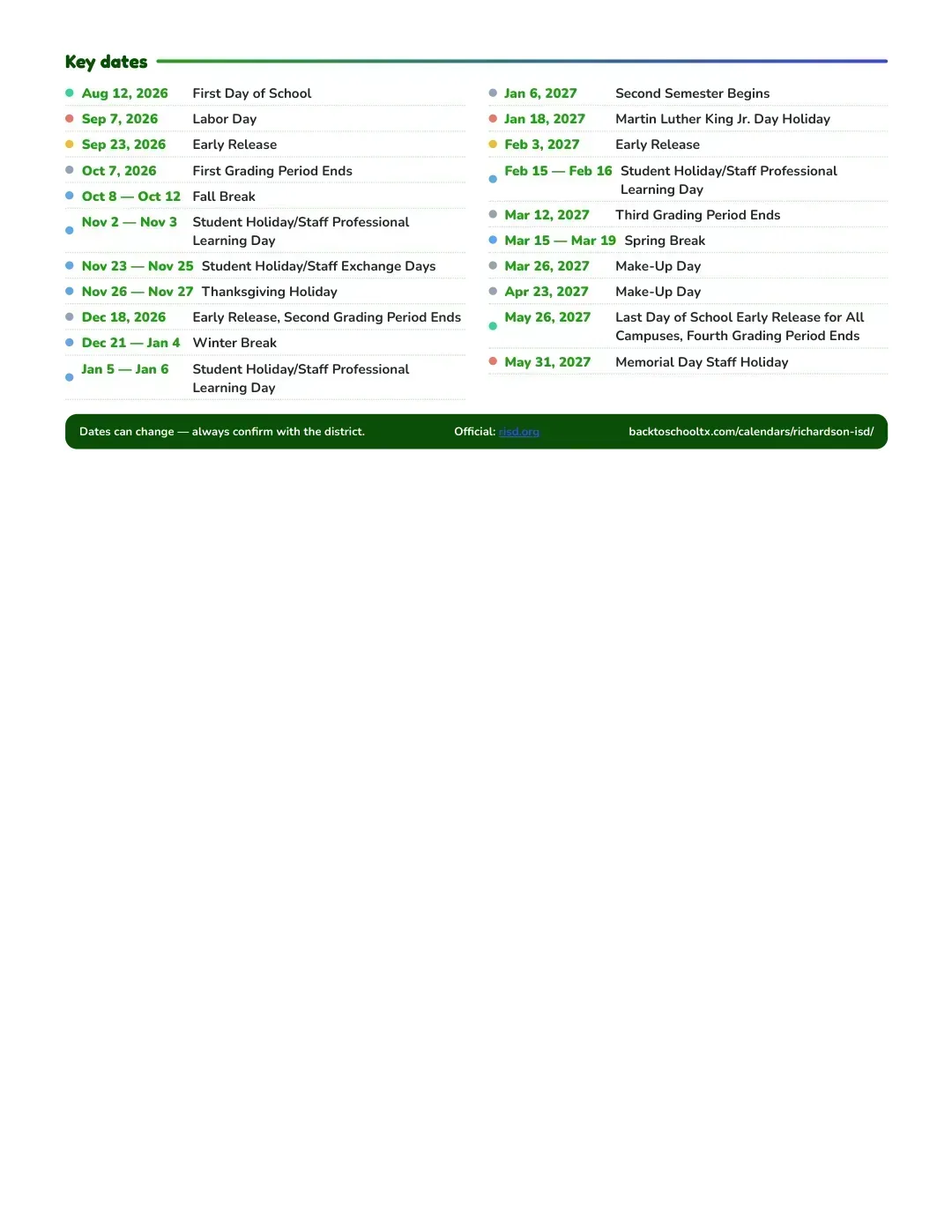 Richardson ISD Calendar for the Year 26-27 — key dates