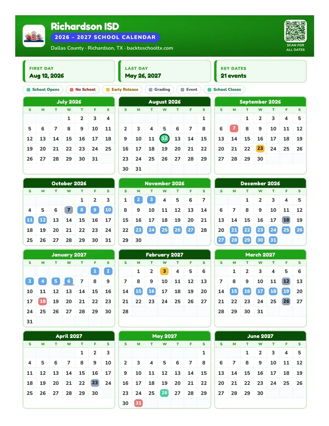 Richardson ISD Calendar for the Year 26-27