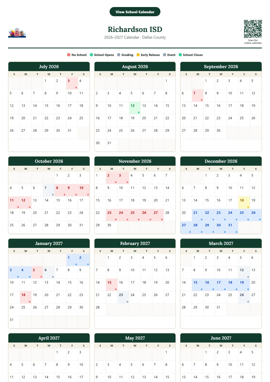 Richardson ISD printable 2026–2027 calendar