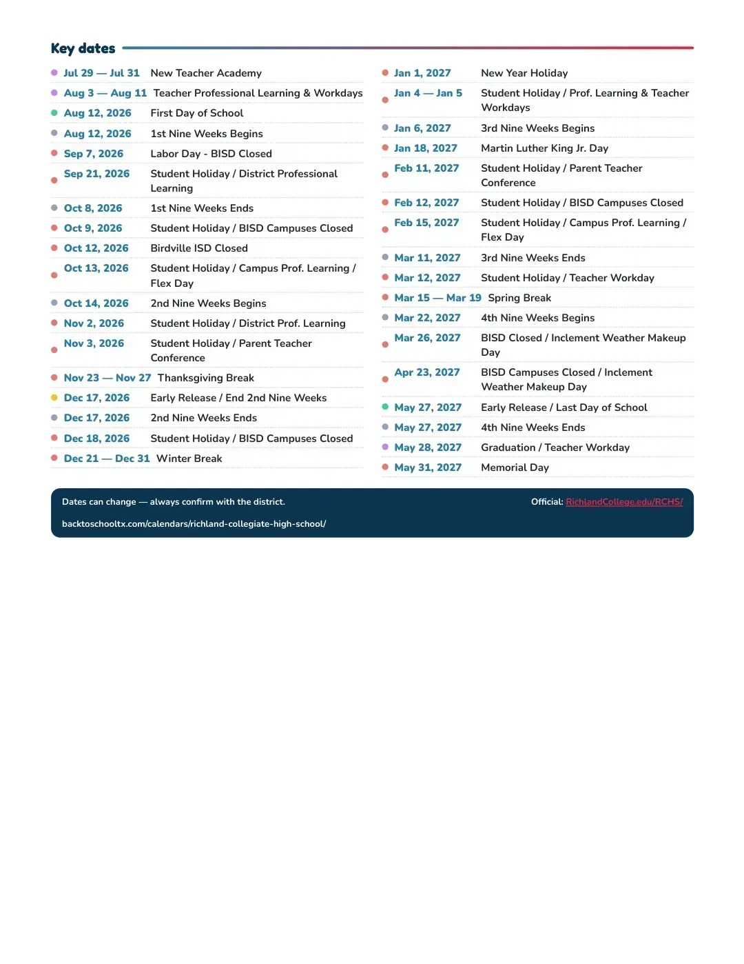 Richland Collegiate High School Calendar for the Year 26-27 — key dates
