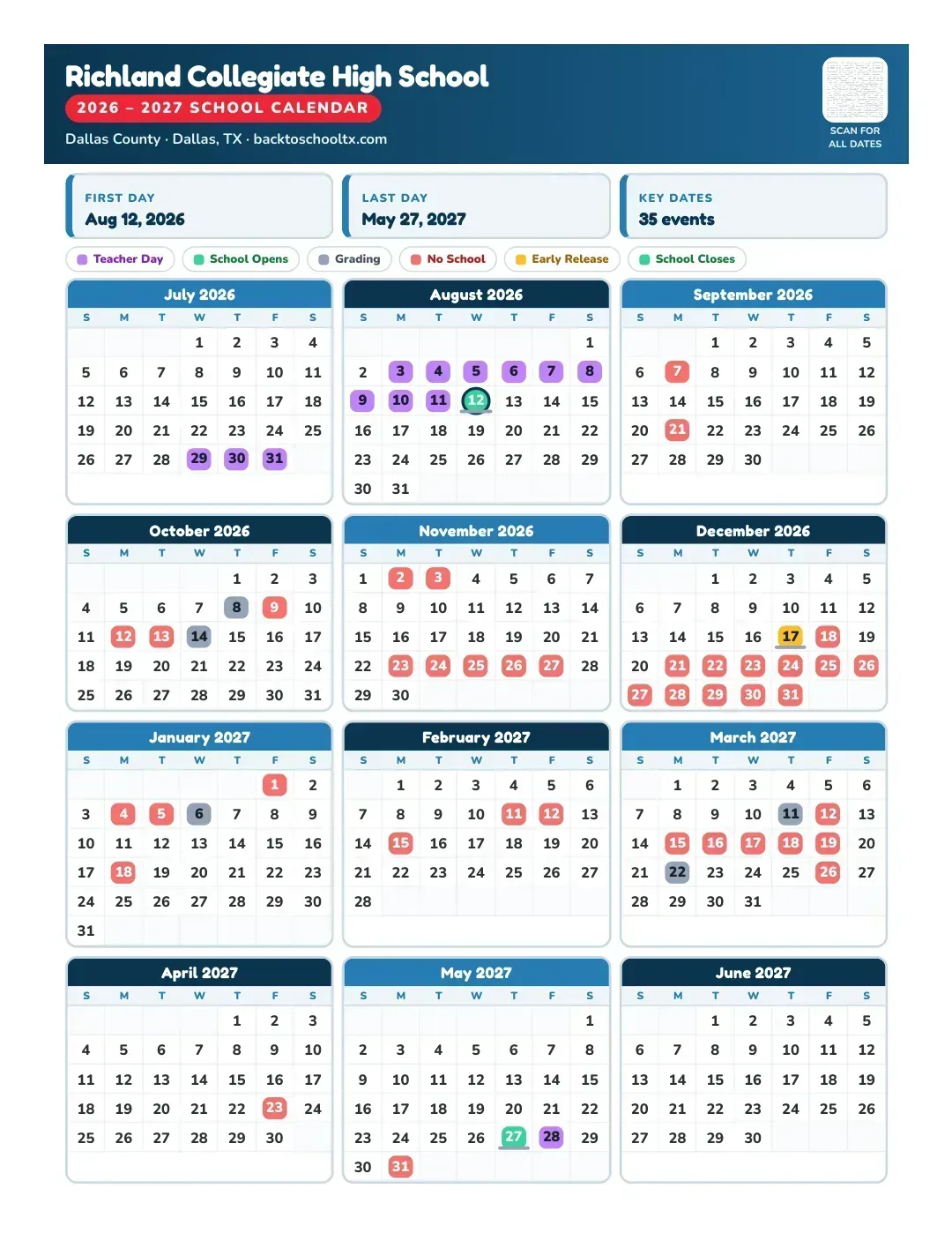 Richland Collegiate High School Calendar for the Year 26-27