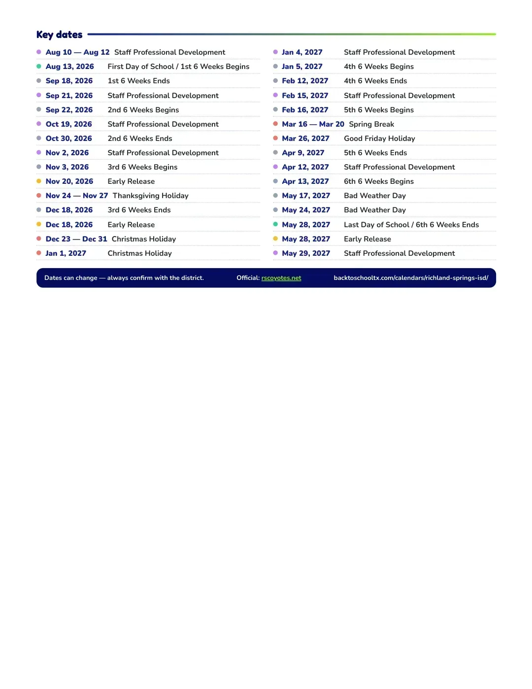 Richland Springs ISD Calendar for the Year 26-27 — key dates