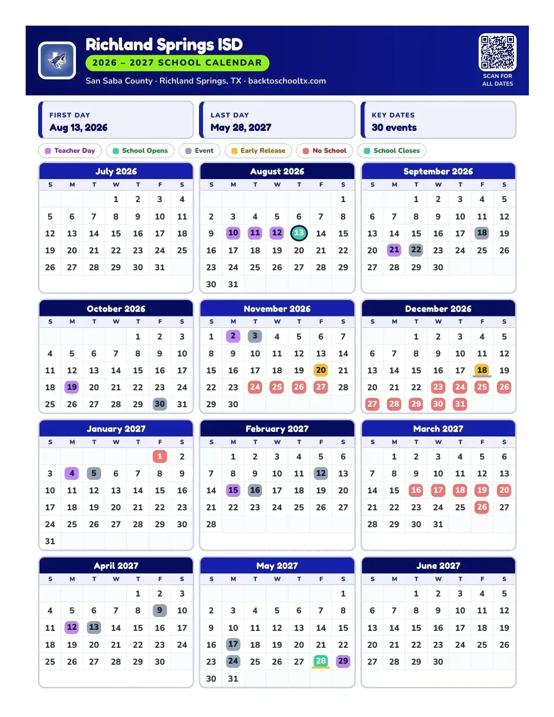Richland Springs ISD Calendar for the Year 26-27