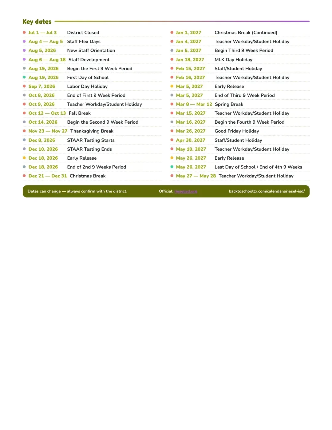 Riesel ISD Calendar for the Year 26-27 — key dates