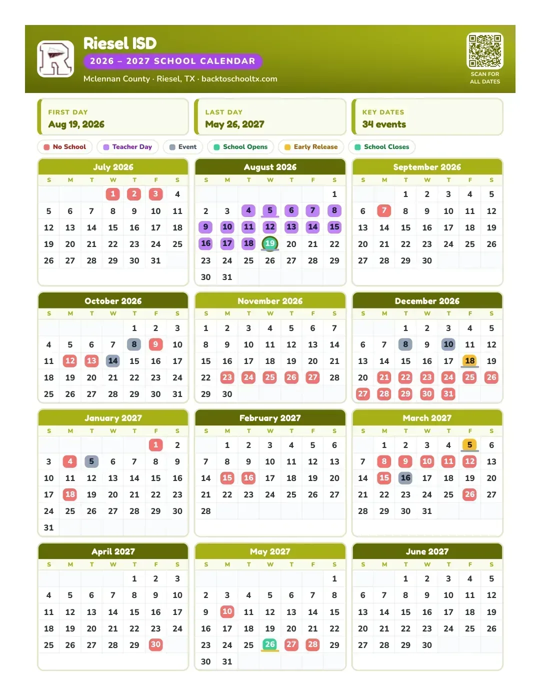 Riesel ISD Calendar for the Year 26-27