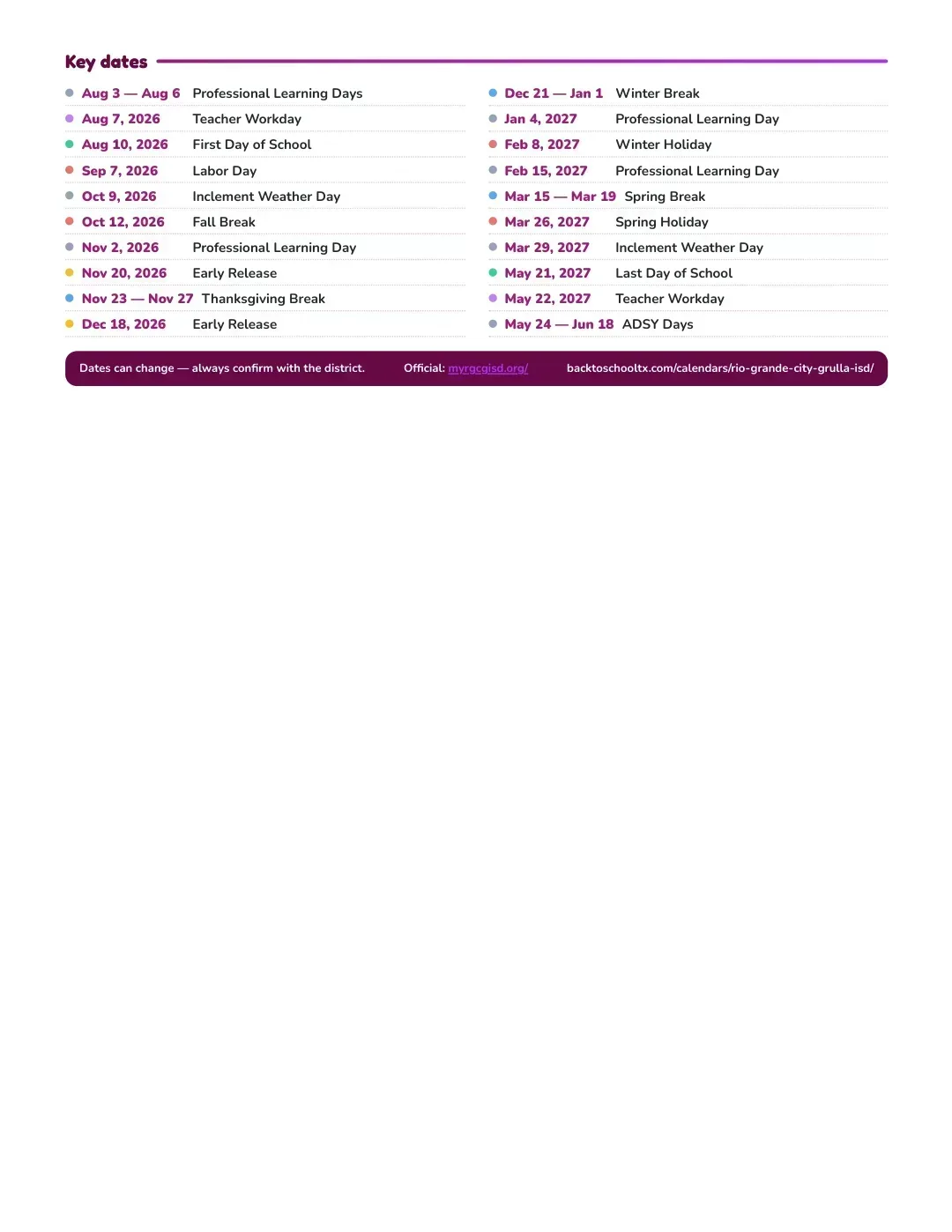 Rio Grande City Grulla ISD Calendar for the Year 26-27 — key dates