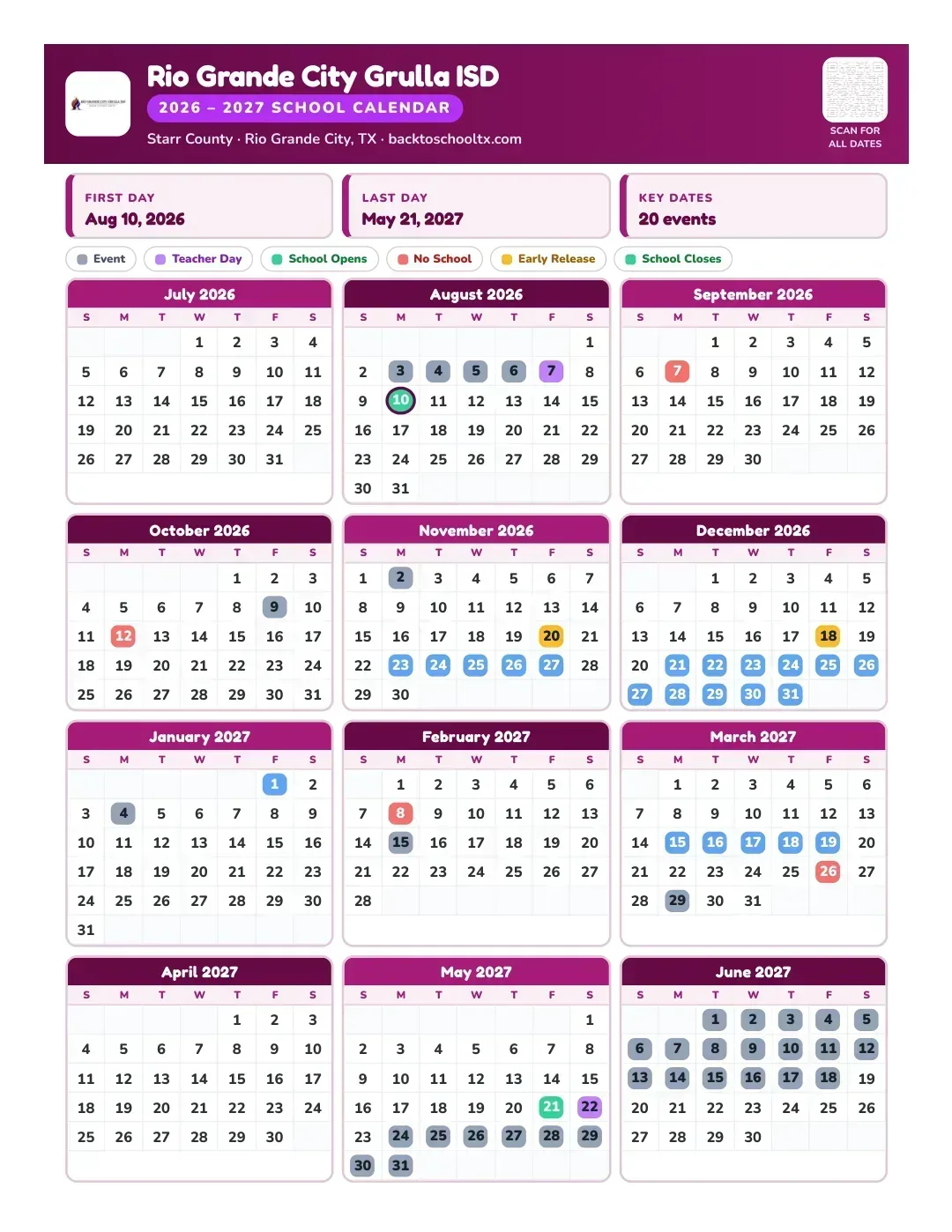 Rio Grande City Grulla ISD Calendar for the Year 26-27