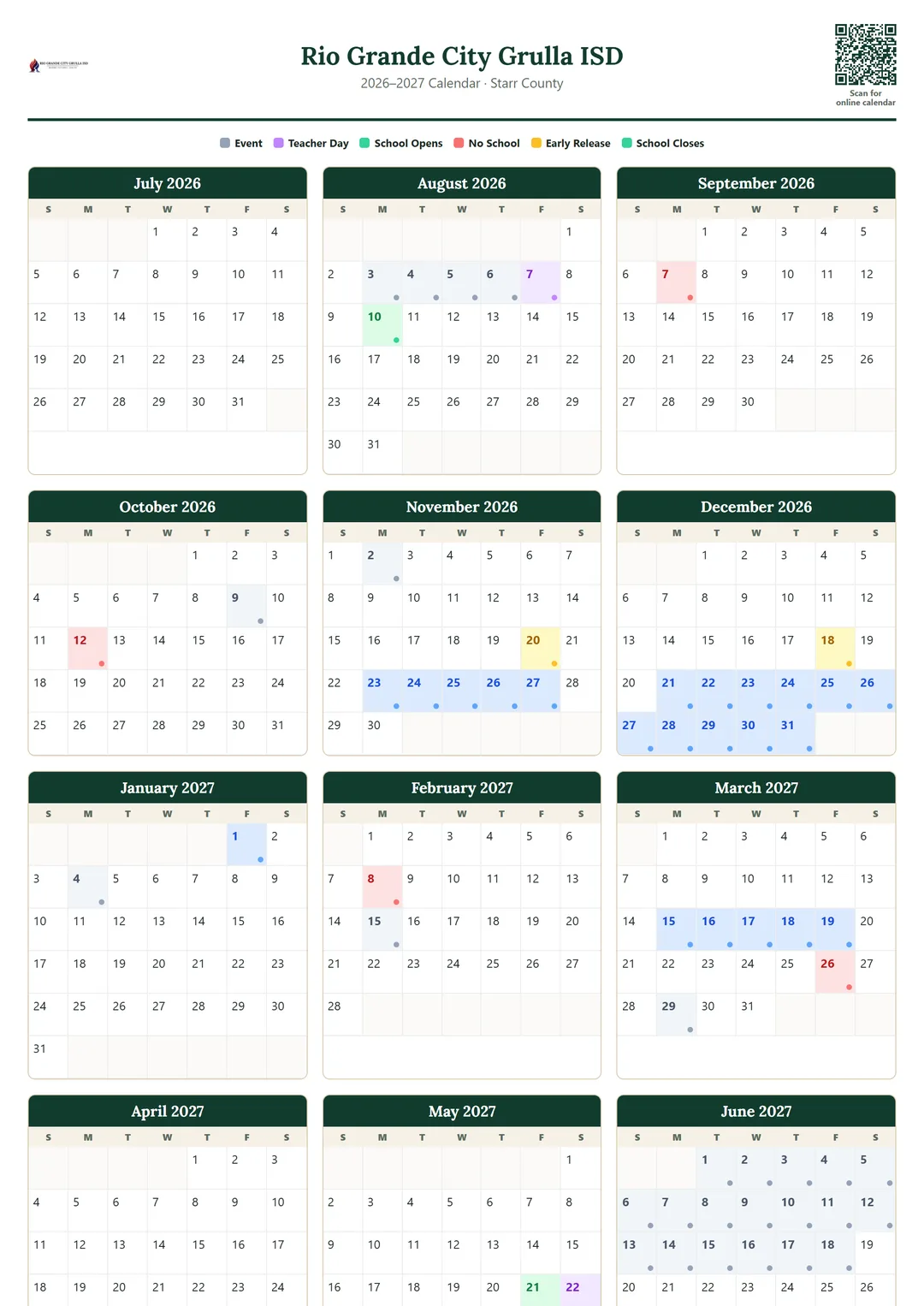 Rio Grande City Grulla ISD printable 2026–2027 calendar