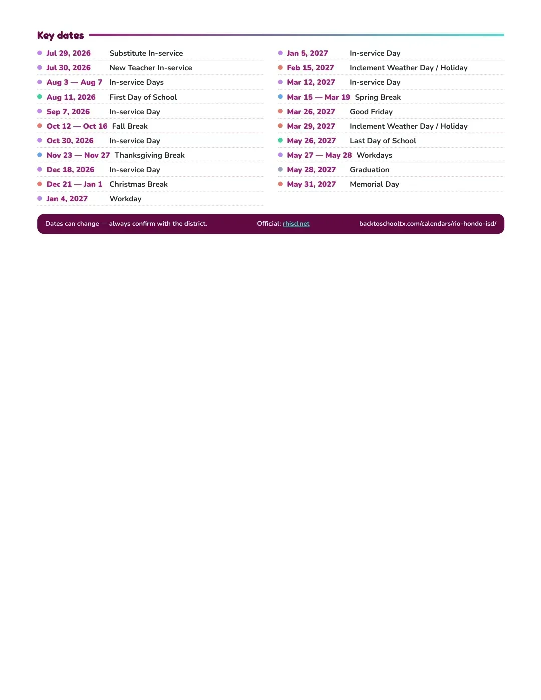 Rio Hondo ISD Calendar for the Year 26-27 — key dates