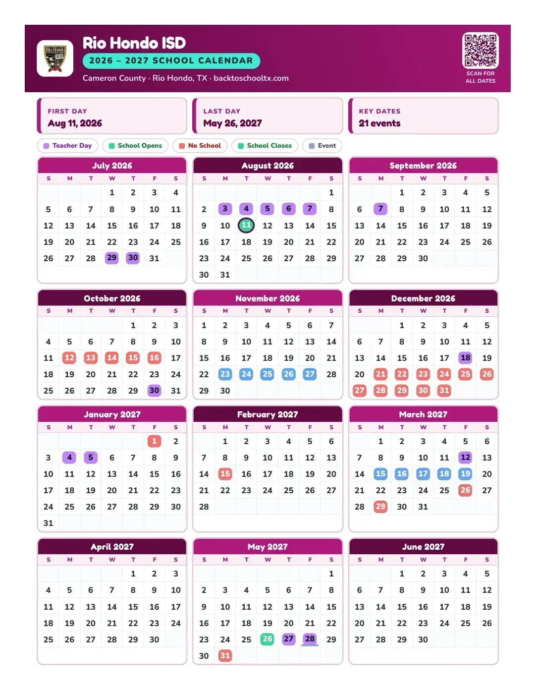 Rio Hondo ISD Calendar for the Year 26-27