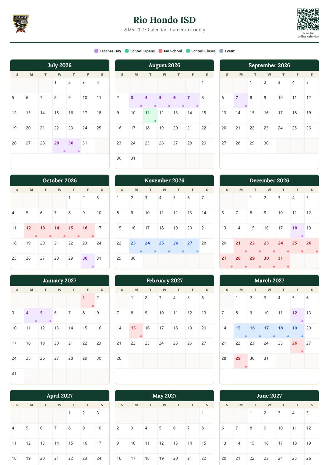 Rio Hondo ISD printable 2026–2027 calendar