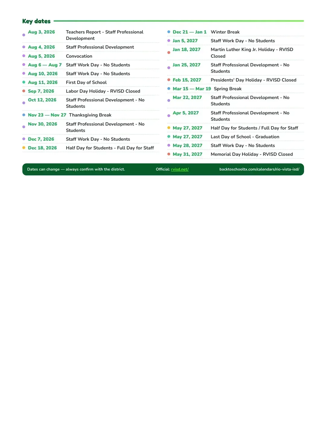 Rio Vista ISD Calendar for the Year 26-27 — key dates