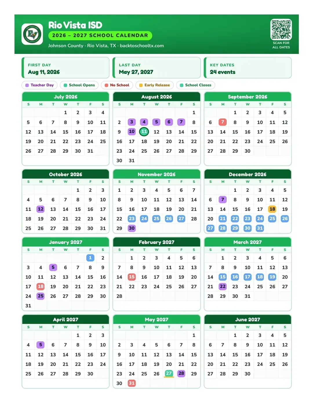 Rio Vista ISD Calendar for the Year 26-27