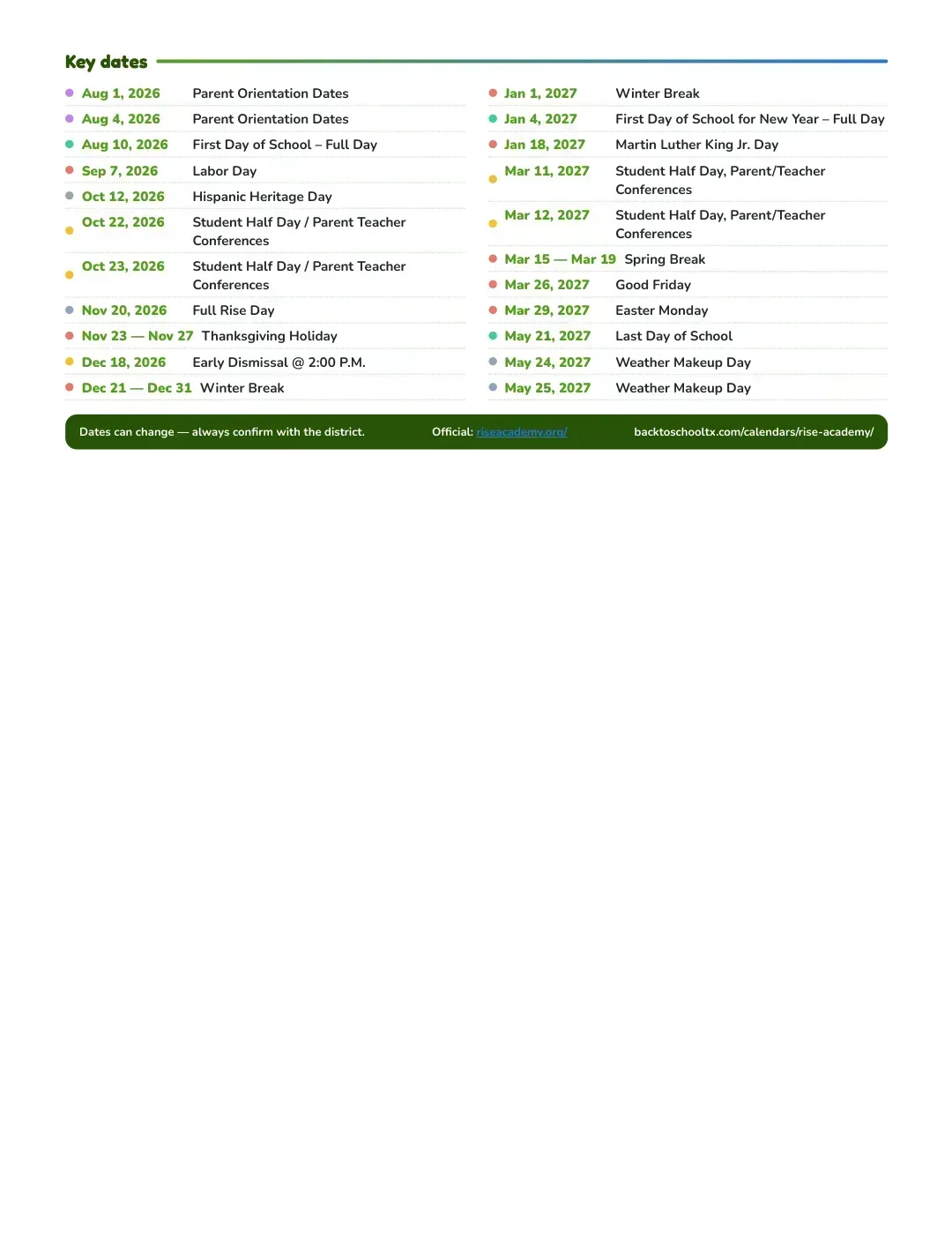 Rise Academy Calendar for the Year 26-27 — key dates