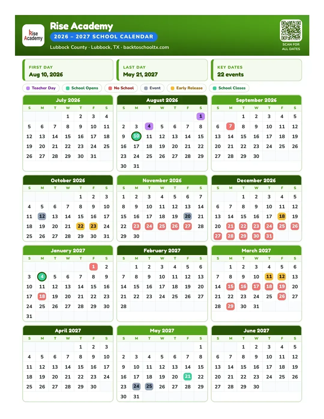 Rise Academy Calendar for the Year 26-27