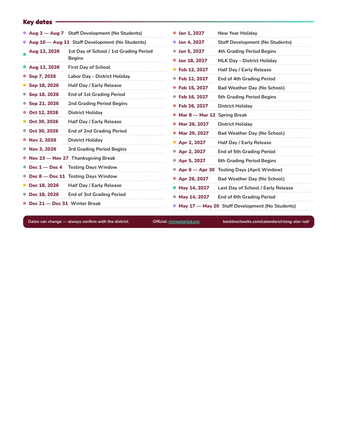 Rising Star ISD Calendar for the Year 26-27 — key dates