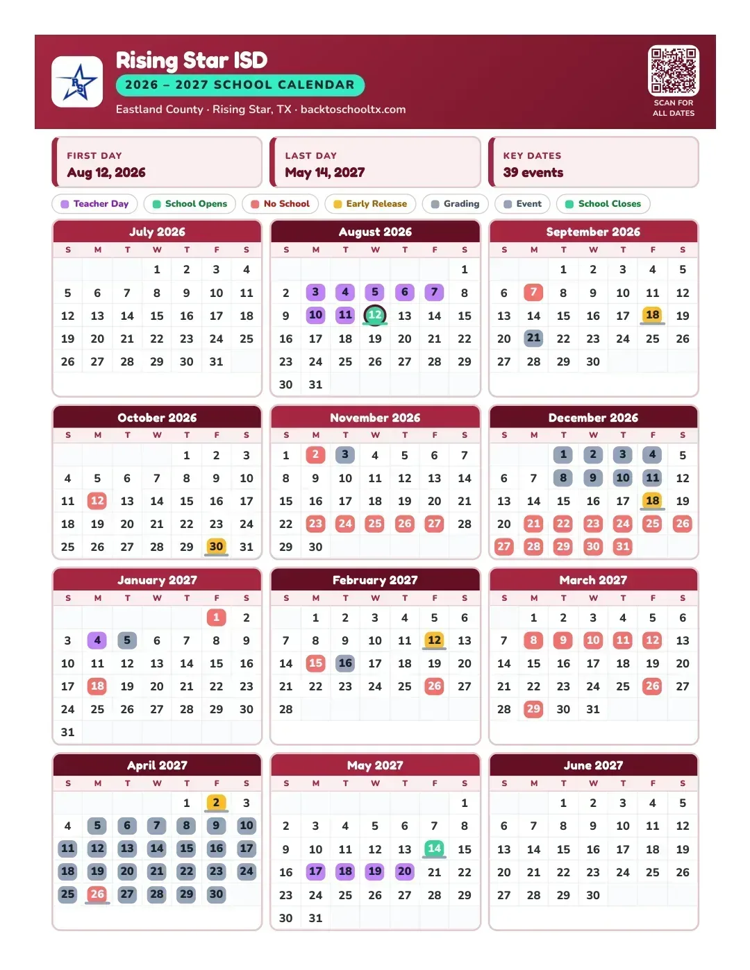 Rising Star ISD Calendar for the Year 26-27