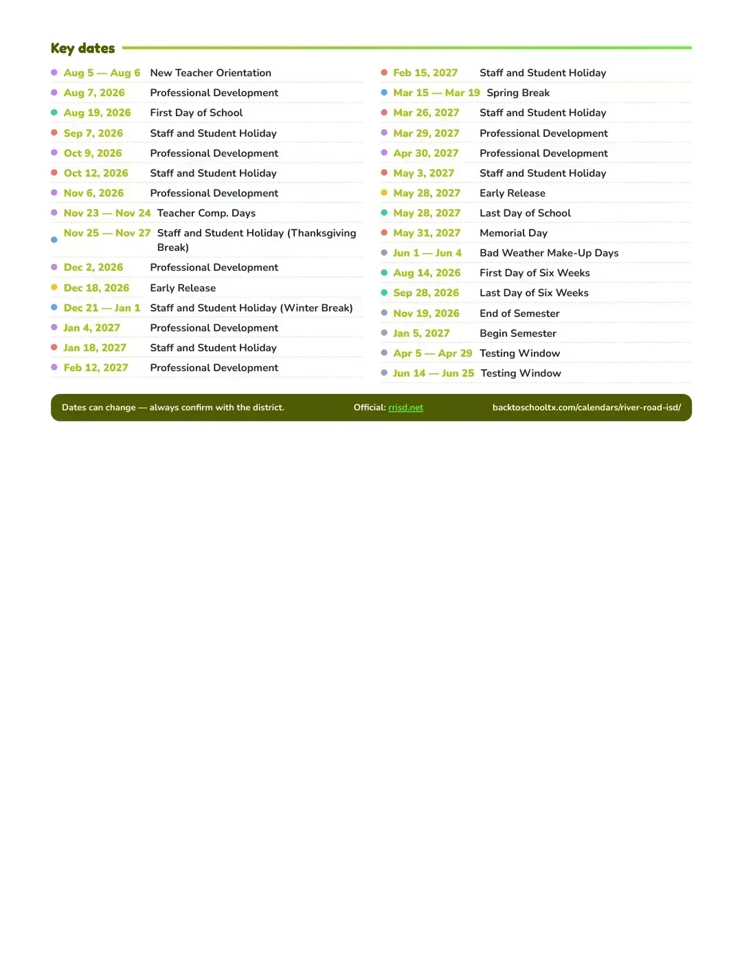 River Road ISD Calendar for the Year 26-27 — key dates