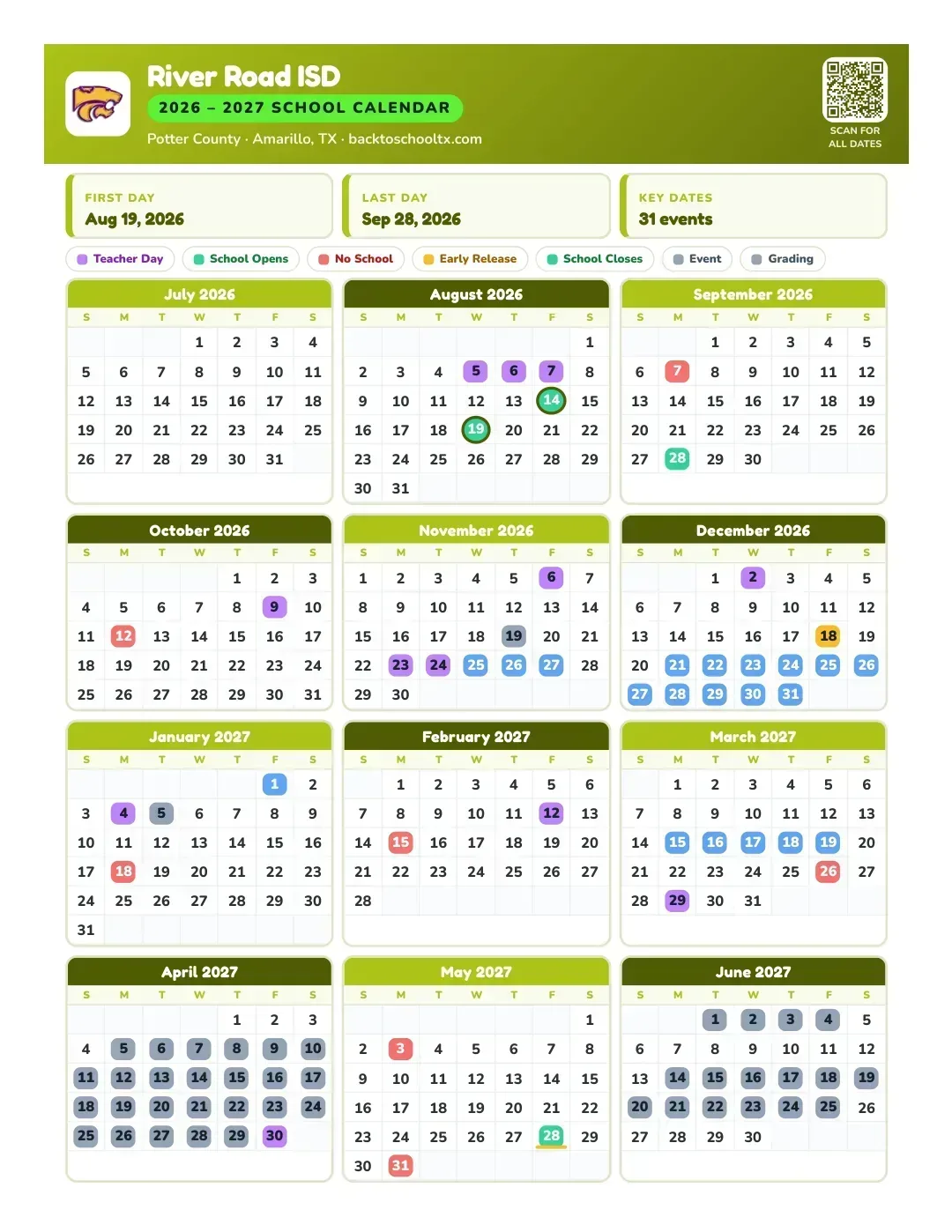 River Road ISD Calendar for the Year 26-27