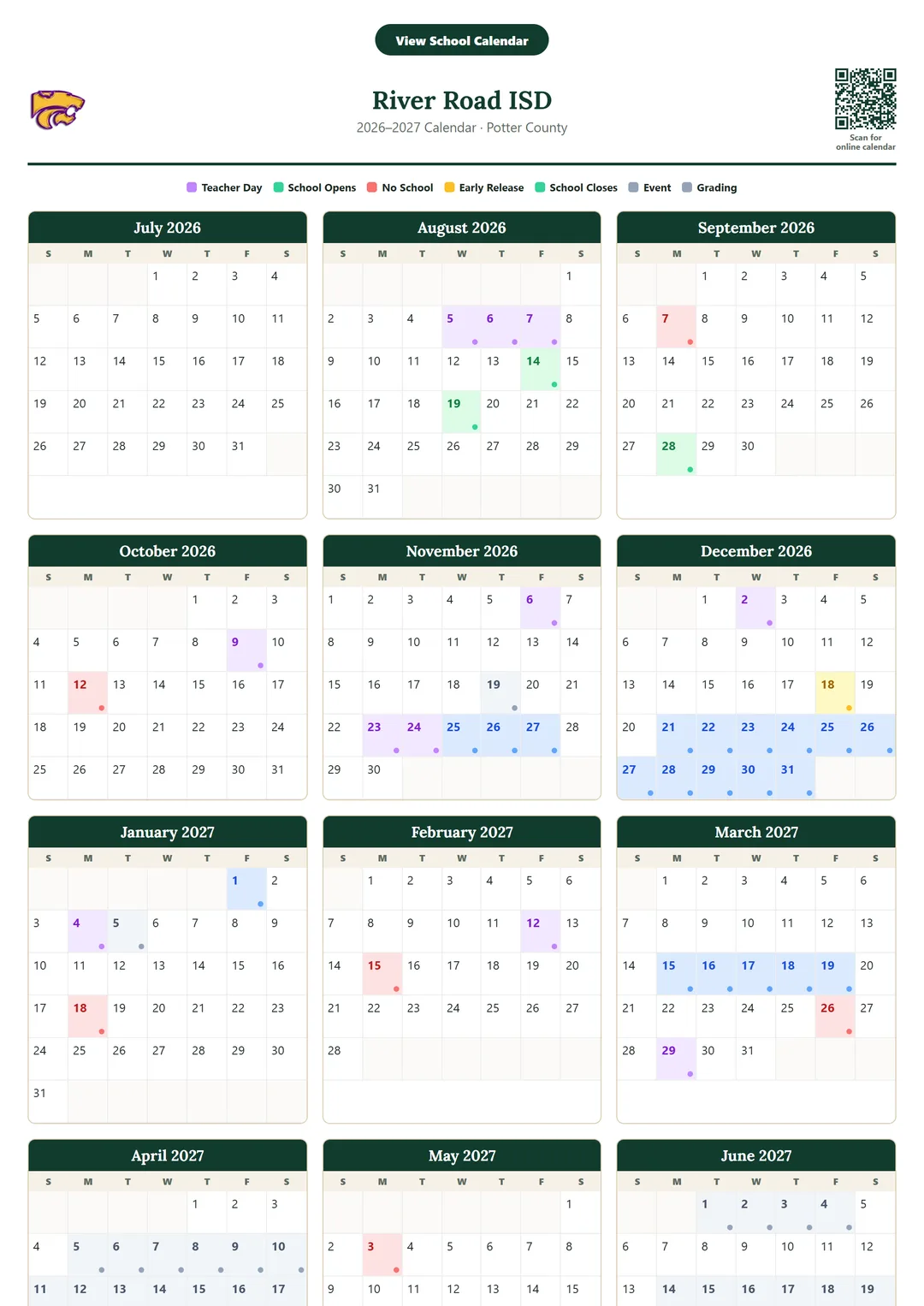 River Road ISD printable 2026–2027 calendar