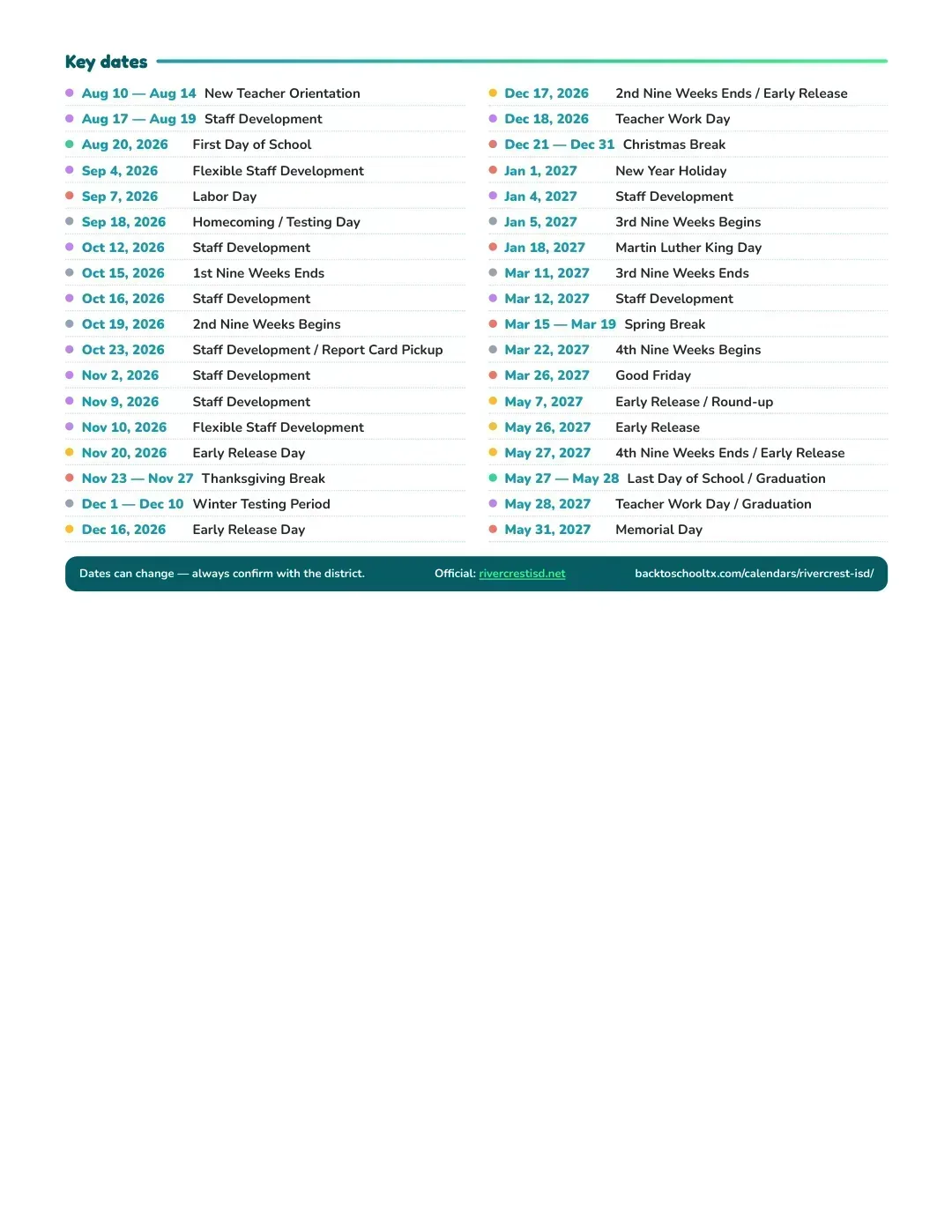 Rivercrest ISD Calendar for the Year 26-27 — key dates