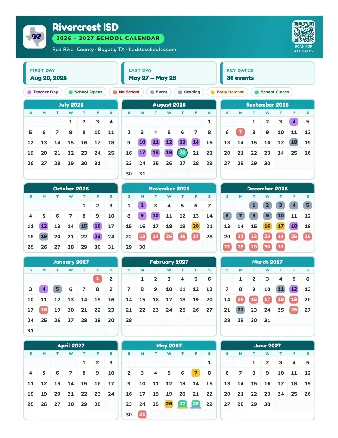 Rivercrest ISD Calendar for the Year 26-27