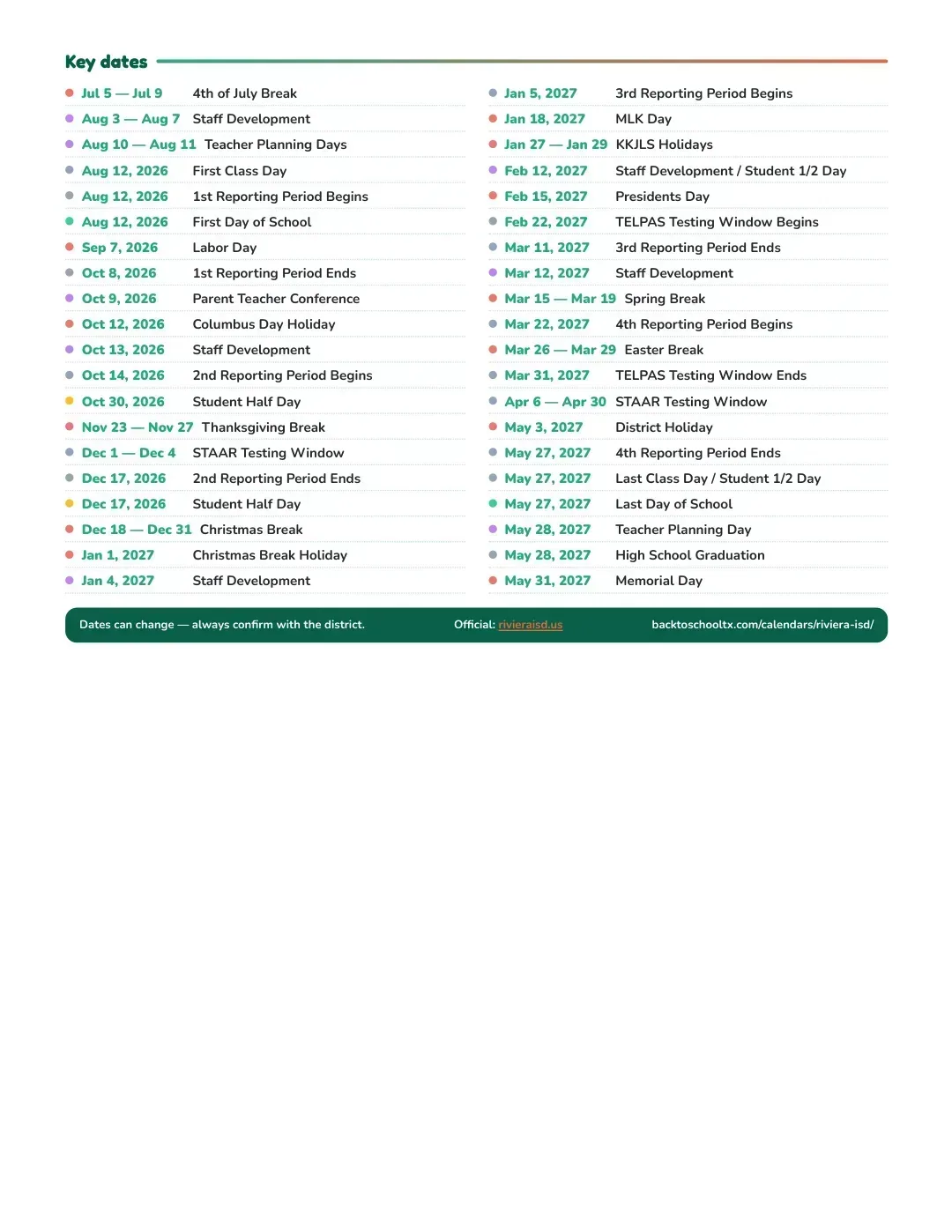Riviera ISD Calendar for the Year 26-27 — key dates