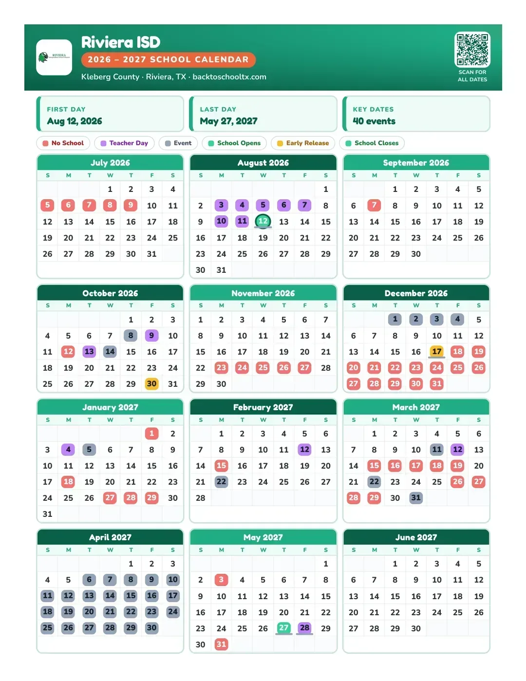 Riviera ISD Calendar for the Year 26-27