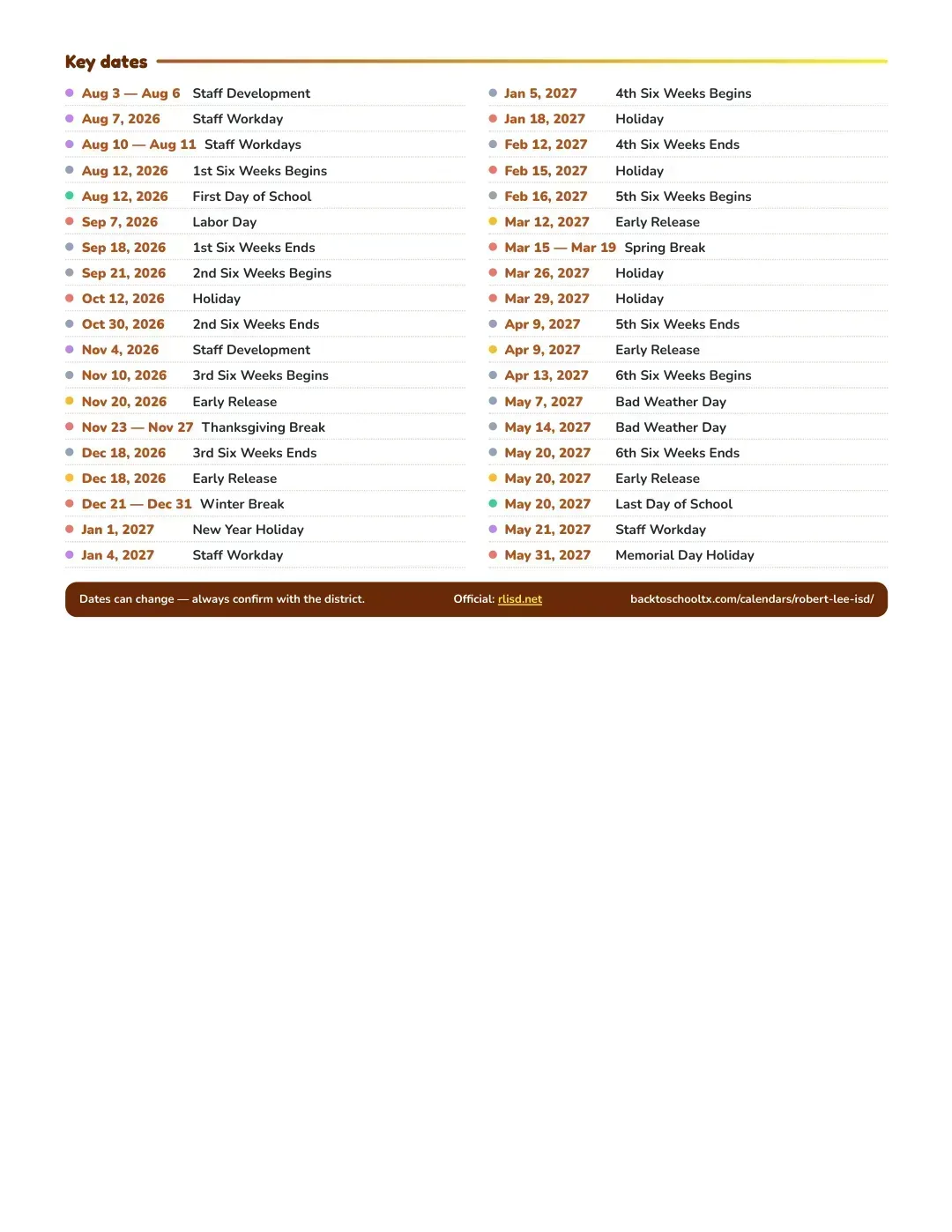 Robert Lee ISD Calendar for the Year 26-27 — key dates