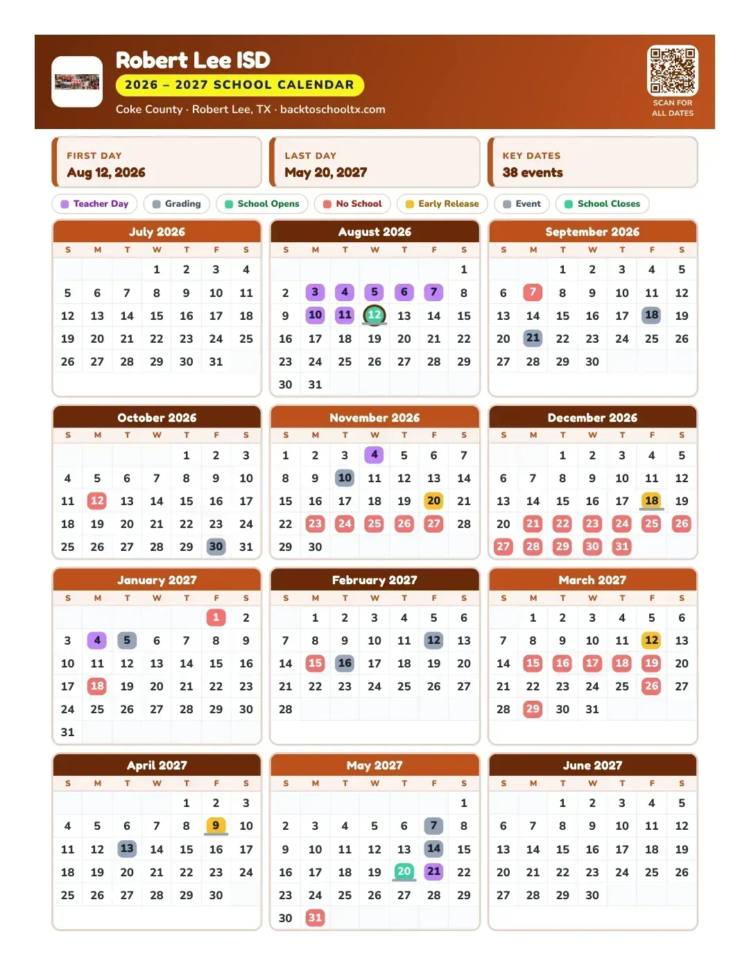 Robert Lee ISD Calendar for the Year 26-27