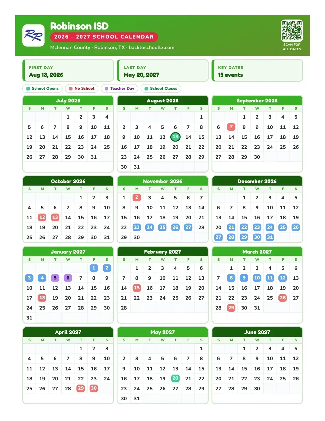 Robinson ISD Calendar for the Year 26-27