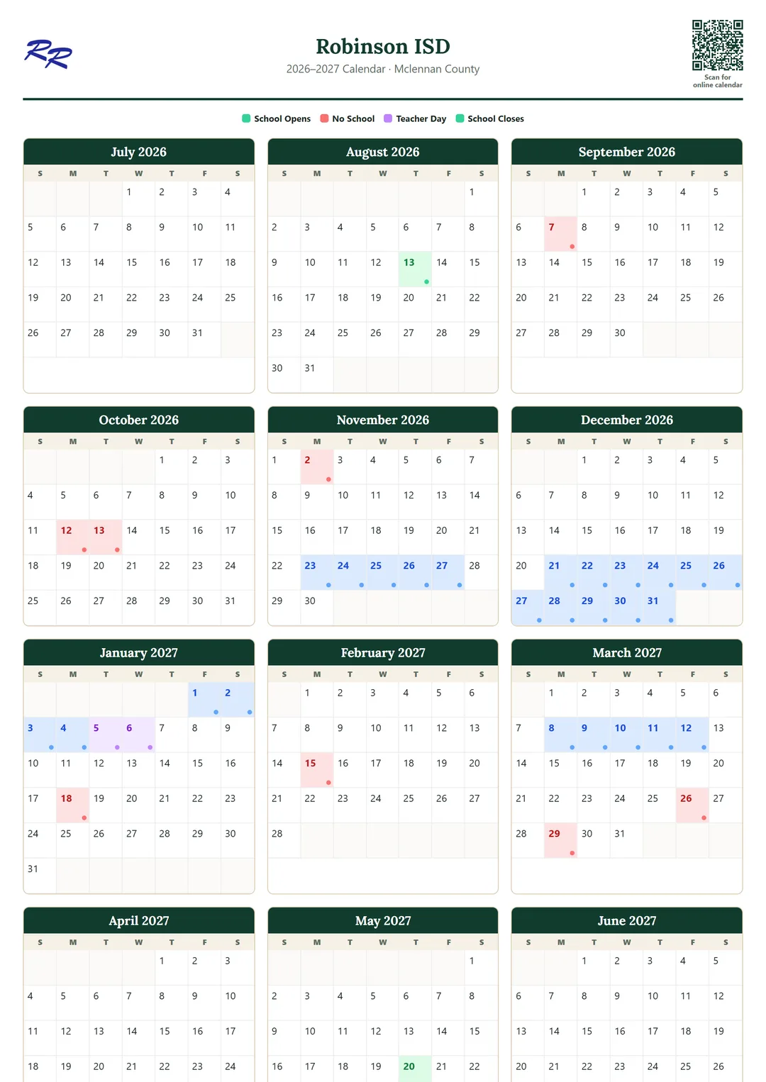Robinson ISD printable 2026–2027 calendar