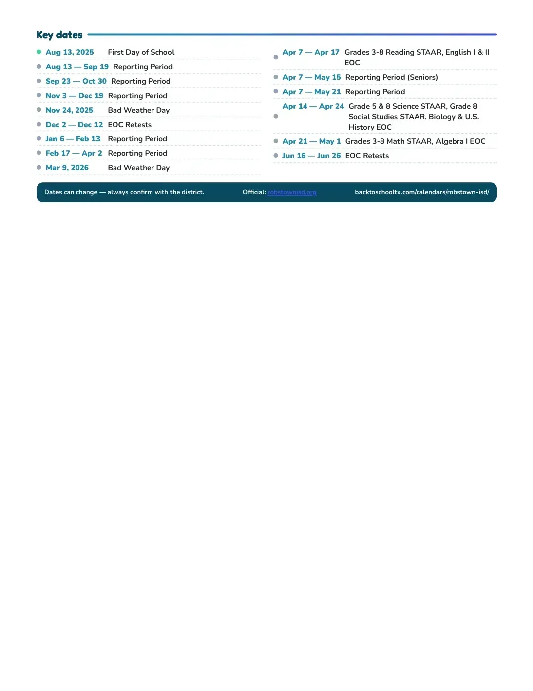 Robstown ISD Calendar for the Year 26-27 — key dates