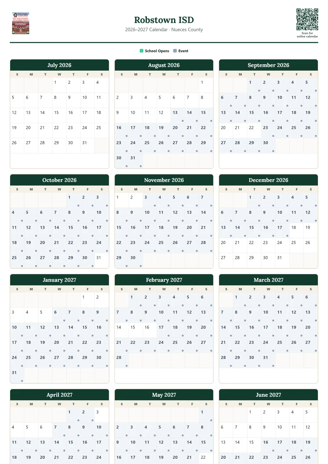 Robstown ISD printable 2026–2027 calendar