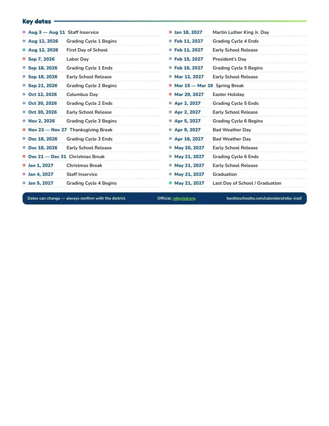 Roby CISD Calendar for the Year 26-27 — key dates