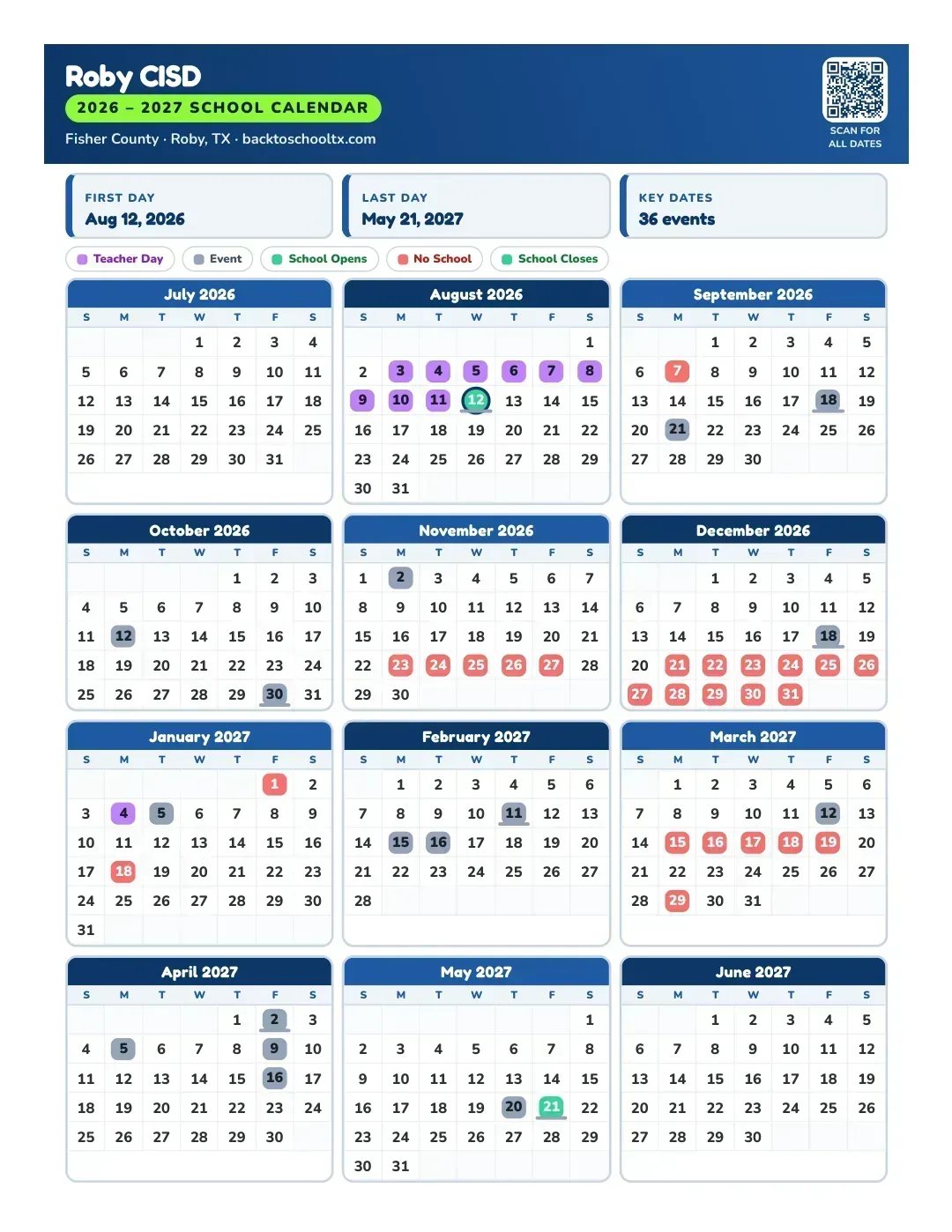 Roby CISD Calendar for the Year 26-27