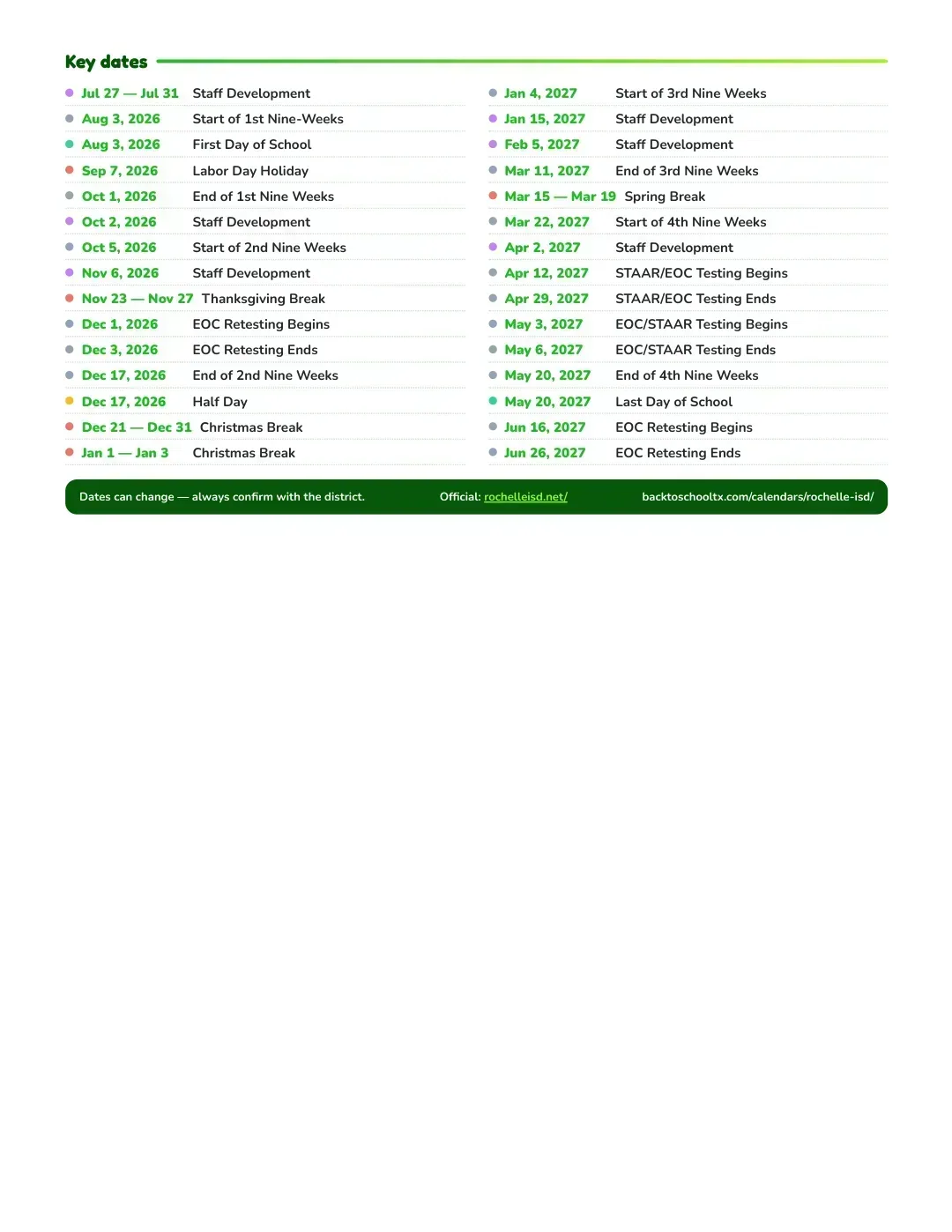 Rochelle ISD Calendar for the Year 26-27 — key dates