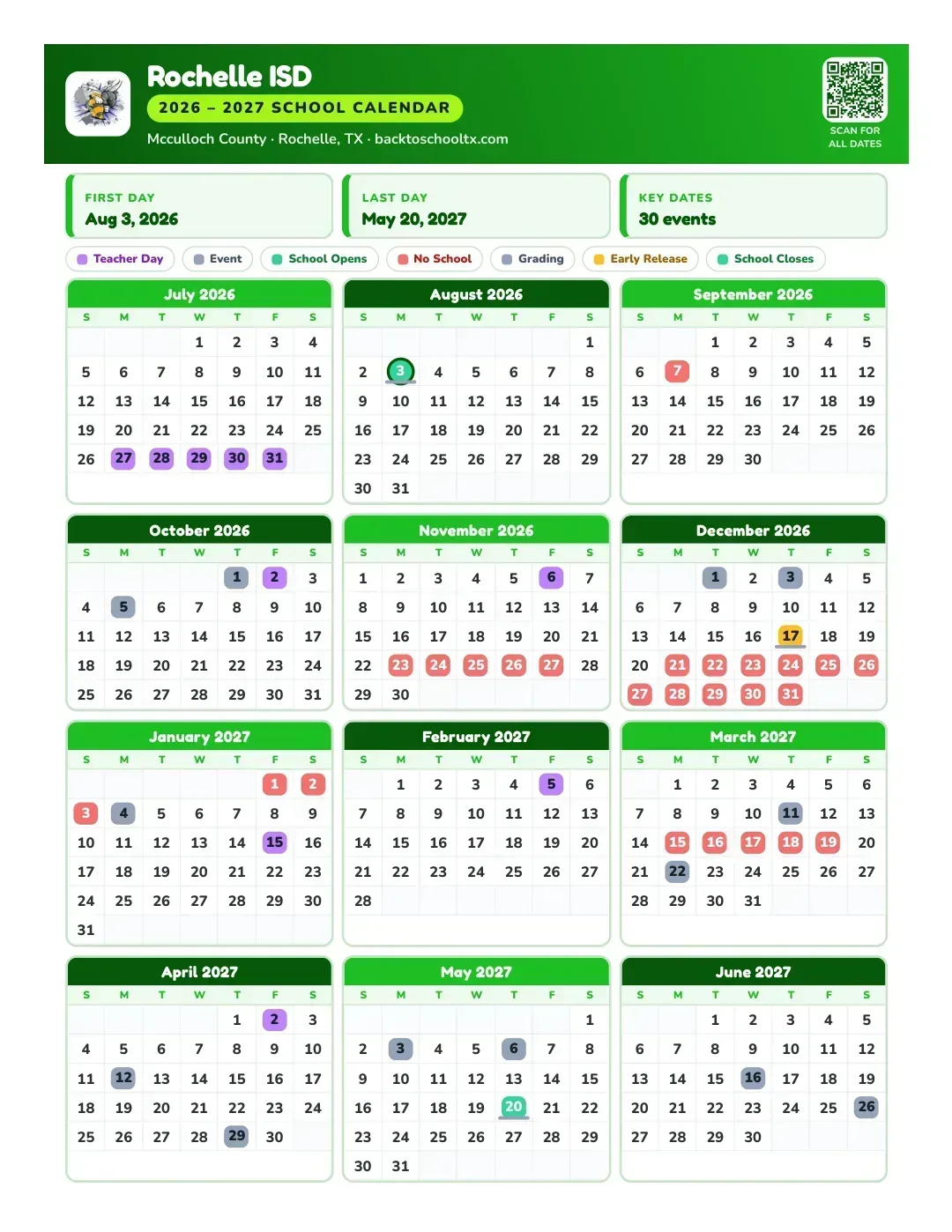 Rochelle ISD Calendar for the Year 26-27