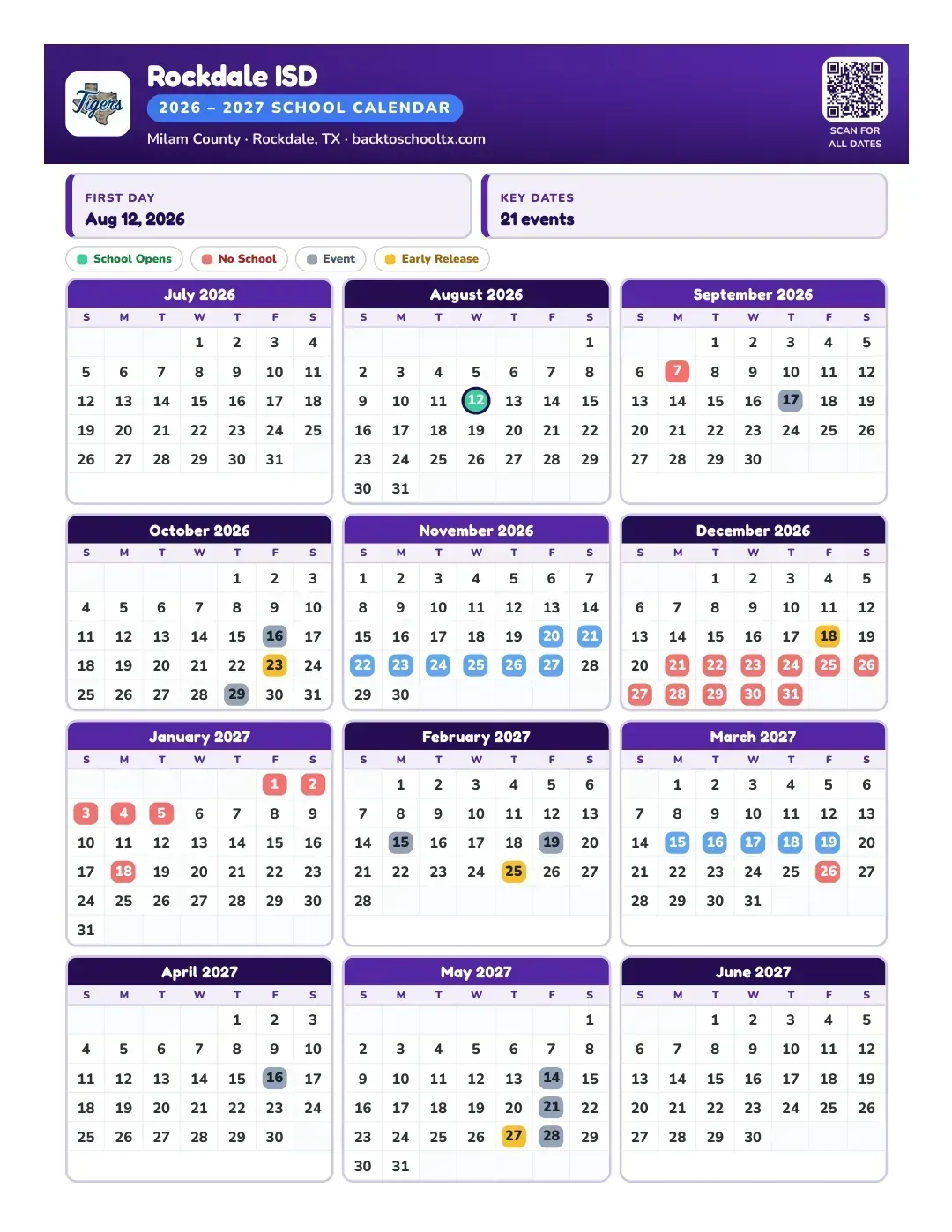 Rockdale ISD Calendar for the Year 26-27