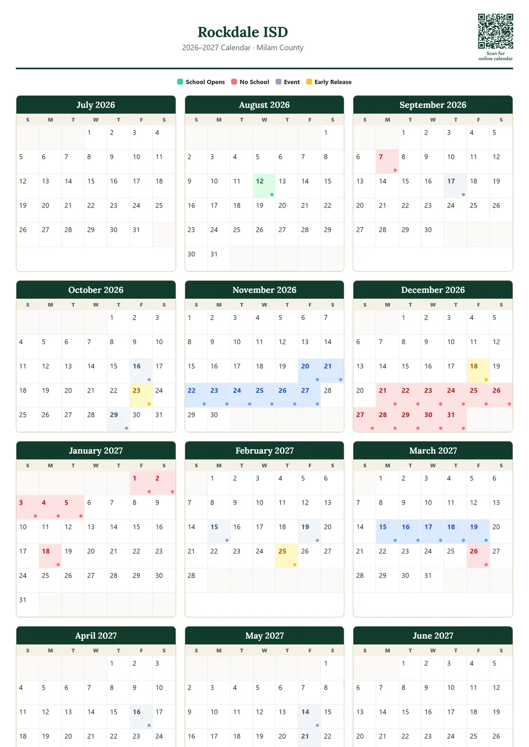 Rockdale ISD printable 2026–2027 calendar