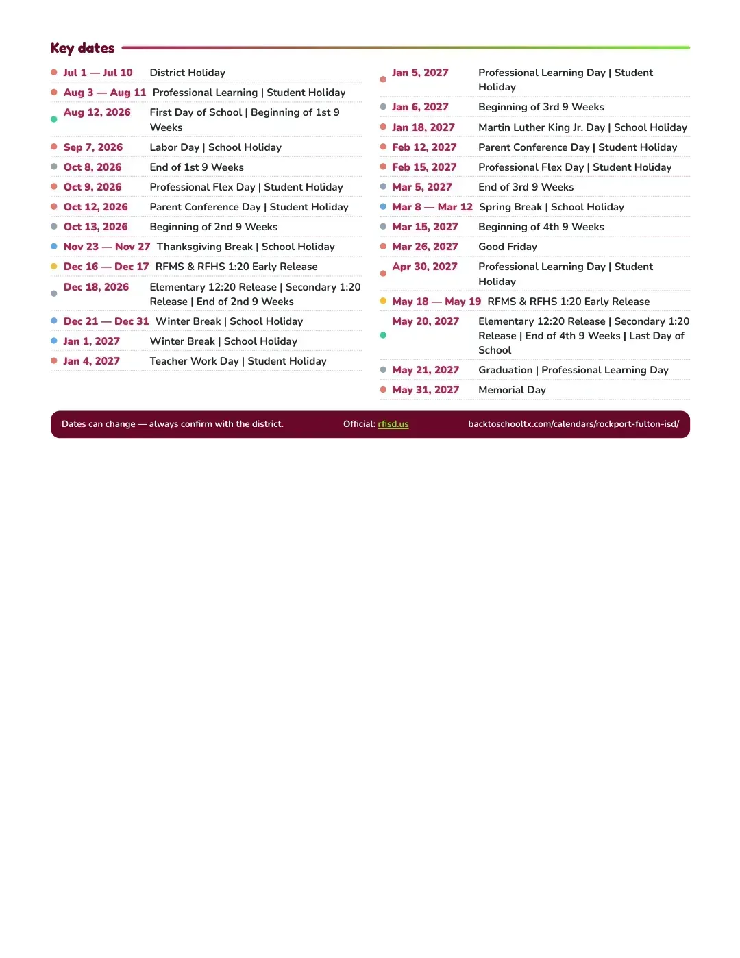 Rockport-fulton ISD Calendar for the Year 26-27 — key dates