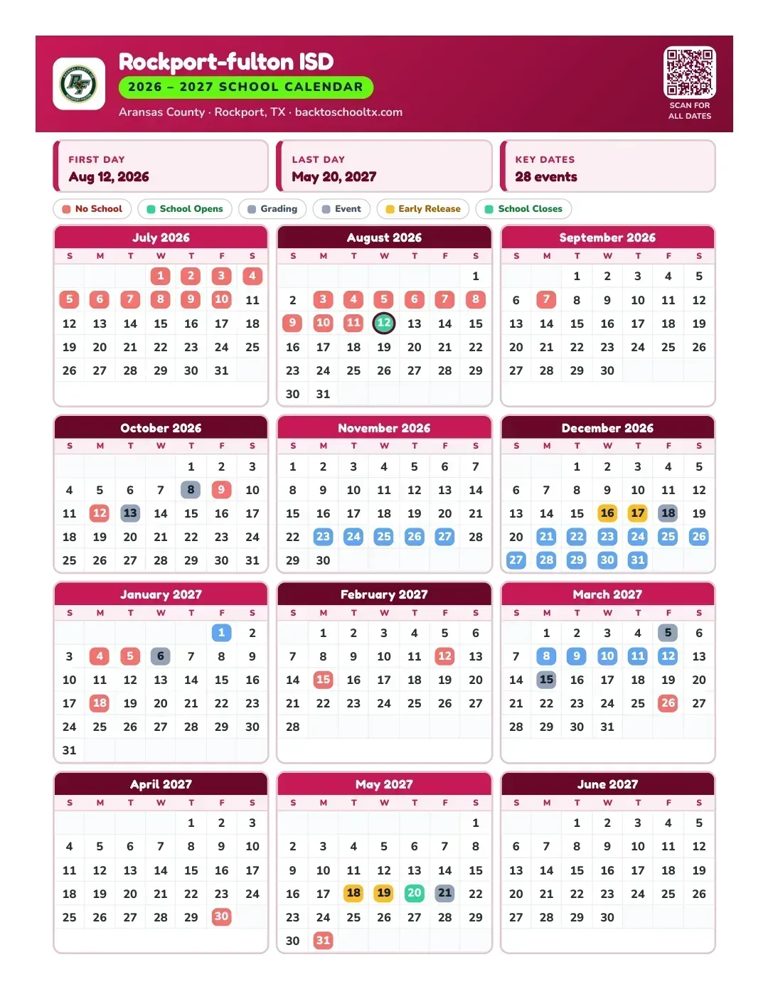Rockport-fulton ISD Calendar for the Year 26-27