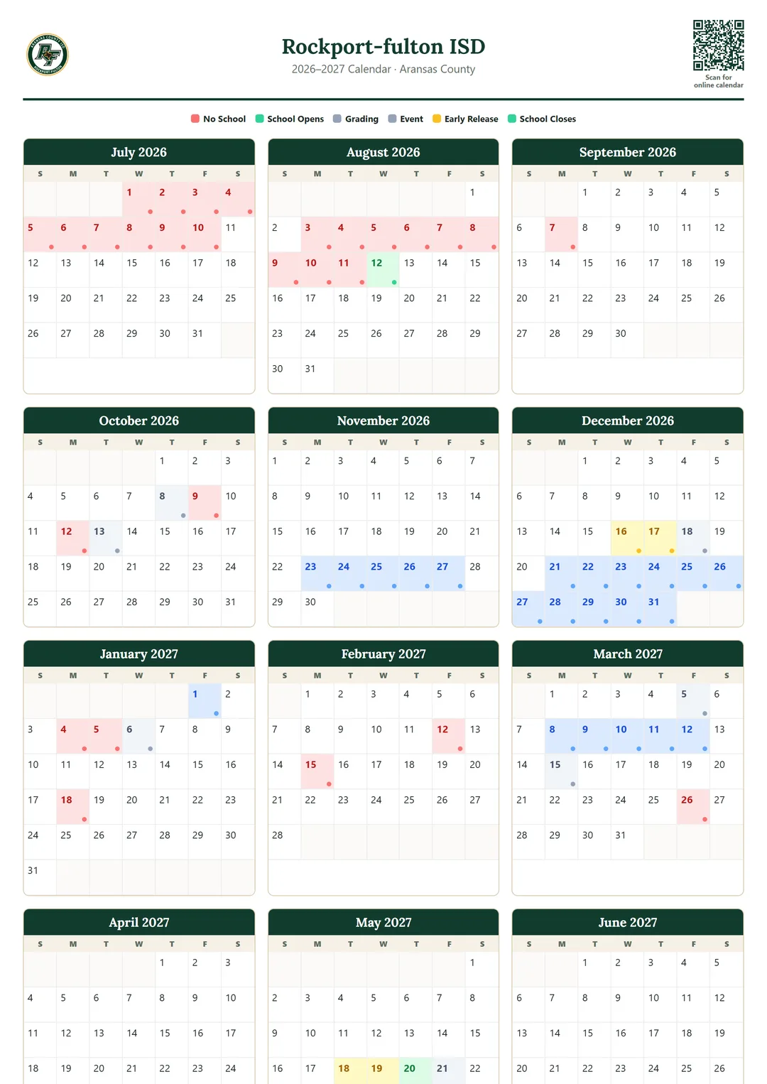 Rockport-fulton ISD printable 2026–2027 calendar