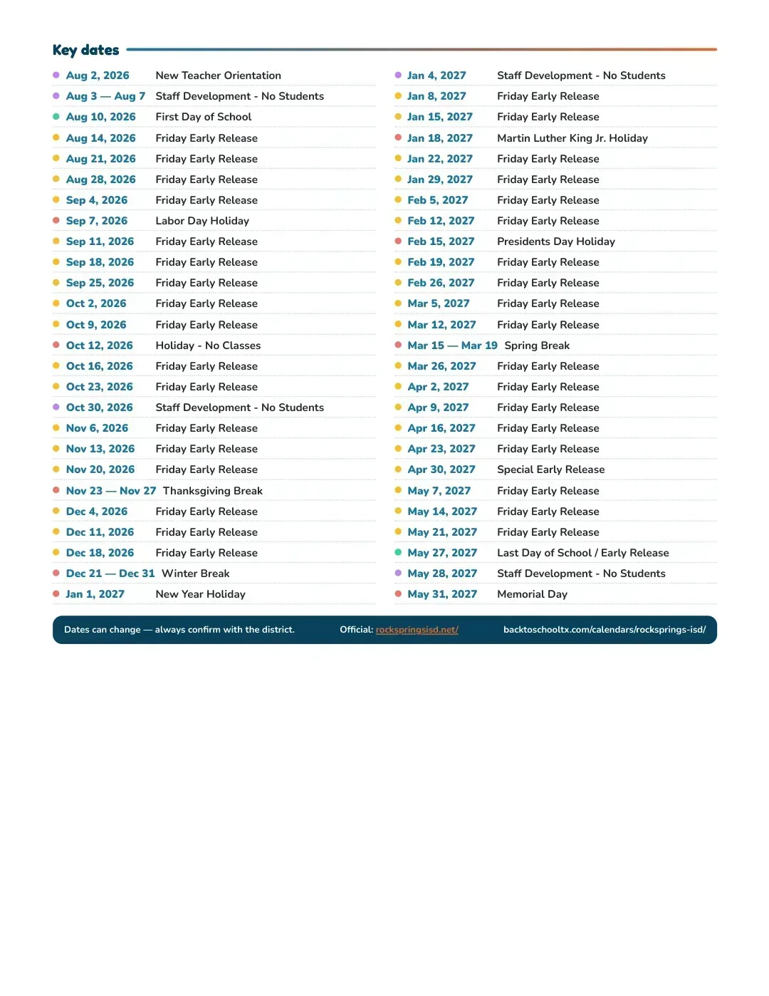 Rocksprings ISD Calendar for the Year 26-27 — key dates